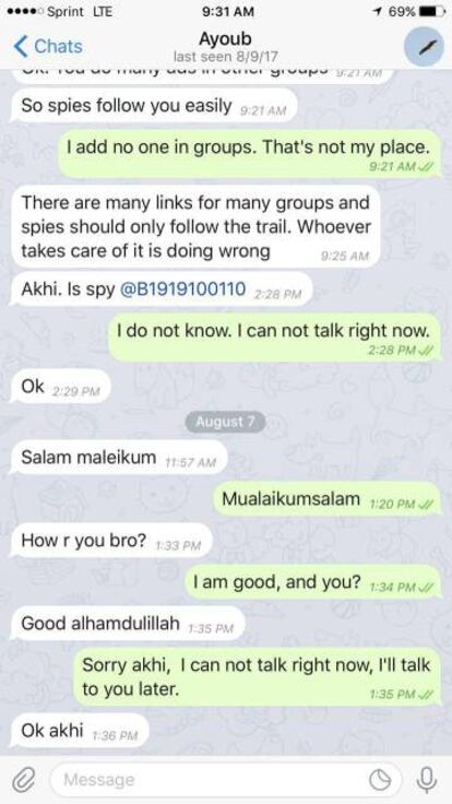 A chat between Ayoub and members of Syria General about being detected while using the Telegram instant messaging service.