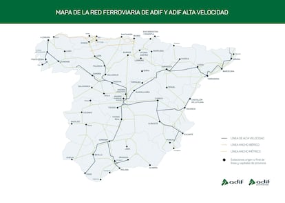 Mapa de la red ferroviaria española gestionada por Adif. 