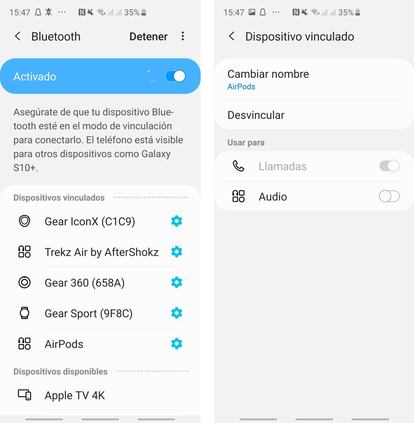 Emparejamiento de los Airpods con un móvil Android.