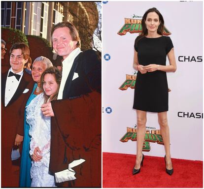 Jon Voight, James Haven, Barbra y Angelina Jolie en los premios Oscar en 1986. Hoy, la actriz es la protagonista en solitario de cualquier alfombra roja que pisa.