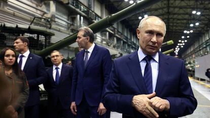 Russian President Vladimir Putin, during a visit to Uralvagonzavod, a weapons factory, in the Ural Federal District, on February 15, 2024 