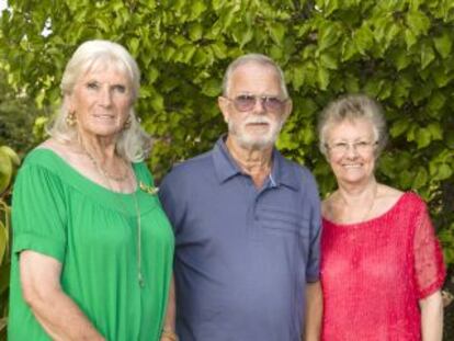 From left to right: British retirees Vilma Archer, Gerald Steel and Jean Steel in Archer’s garden.