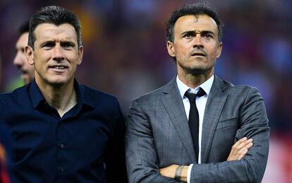 Juan Carlos Unzué junto a Luis Enrique durante la final de Copa ganada el pasado sábado por el Barcelona.