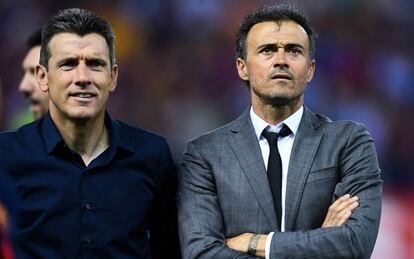 Juan Carlos Unzu&eacute; junto a Luis Enrique durante la final de Copa ganada el pasado s&aacute;bado por el Barcelona.