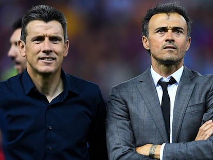 Juan Carlos Unzu&eacute; junto a Luis Enrique durante la final de Copa ganada el pasado s&aacute;bado por el Barcelona.