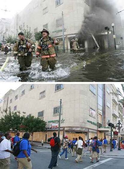 Arriba, los bomberos de Nueva Orleans trabajan durante las inundaciones del Katrina. Abajo, la misma calle justo dos años después.