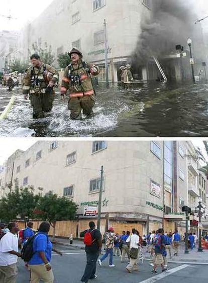 Arriba, los bomberos de Nueva Orleans trabajan durante las inundaciones del Katrina. Abajo, la misma calle justo dos años después.