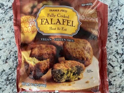 A bag of Trader Joes' falafel rests on a counter Saturday, July 29, 2023, in Royersford, Pa. 