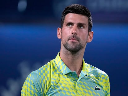 Serbia's Novak Djokovic looks up during the quarterfinals of the Dubai Duty Free Tennis Championships in Dubai, United Arab Emirates, Thursday, March 1, 2023.