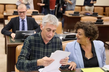 El portavoz presupuestario de EH-Bildu, Oskar Matute, y la portavoz de ERC, Pilar Vallugera, durante la Comisión de Hacienda y Función Pública, en el Congreso de los Diputados, este lunes.