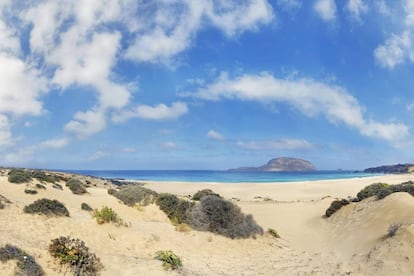 Es un platillo con 30 kilómetros de costa, rasgada su horizontalidad por cuatro edificios volcánicos. En el recorrido hay que incluir Las Conchas, arenal vivífico, de un colorido que entronca con la categoría de portento (lo que no resta peligrosidad al baño). Es buena idea apuntarse a la ciclorruta de 15 kilómetros a la que invita El Mato Bikes (664 89 32 81), pasando por la playa del Ganado. Para llegar a la mejor cala para bañarse, La Cocina, solo se permite el acceso rodado hasta playa Francesa, tras la cual hay que caminar 20 minutos.