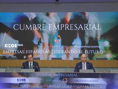 El presidente de ATA y vicepresidente de la CEOE, Lorenzo Amor; el presidente de la CEOE, Antonio Garamendi, y el presidente de CEAJE Fermín Albaladejo, durante la cumbre empresarial de la patronal de los empresarios, este viernes.