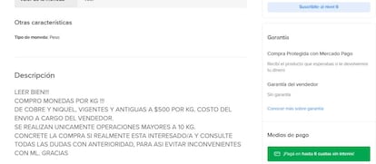 Anuncio de compra de monedas argentinas en Mercado Libre.