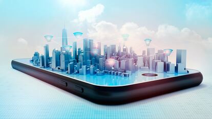 Conceptual 3D render of smart city hologram on smartphone screen. Wifi icons connections between buildings against light blue sky background.