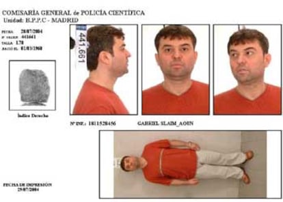 Ficha policial del detenido, que utiliza la identidad falsa de Gabriel Salim Aoun.