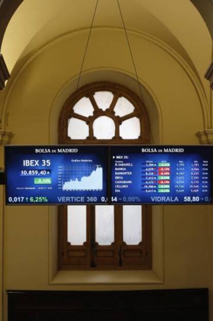 Paneles en la Bolsa de Madrid. 