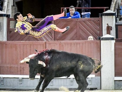 Cristián Pérez sufrió una seria voltereta en el sexto novillo.