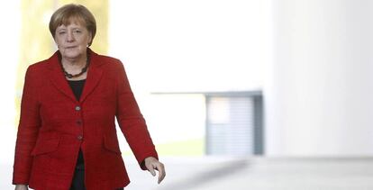 La canciller alemana, Angela Merkel, a su llegada a la Cancillería para prounciarse sobre el resultado de las elecciones presidenciales en EE UU