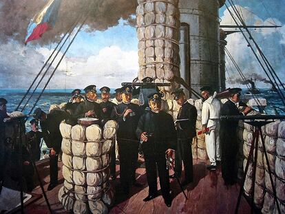 El almirante japonés Togo, en el puente del 'Mikasa' al inicio de la batalla de Tsushima. Es una obra del pintor japonés Tojo Shotaro.