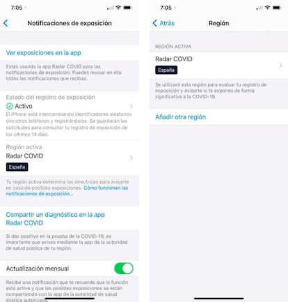 Radar Covid en los ajustes de iOS.