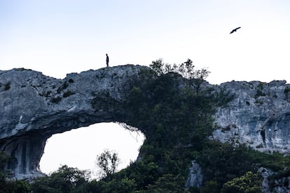 Un buitre leonado sobrevuela el Ojo del Diablo, un arco natural en la cima del monte Candina (Cantabria).