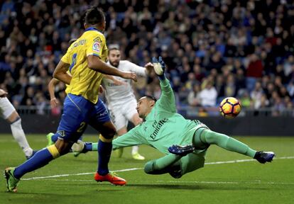  El portero del Real Madrid Keylor Mavas (d) intenta detener un balón junto a David Simón, de la UD Las Palmas.