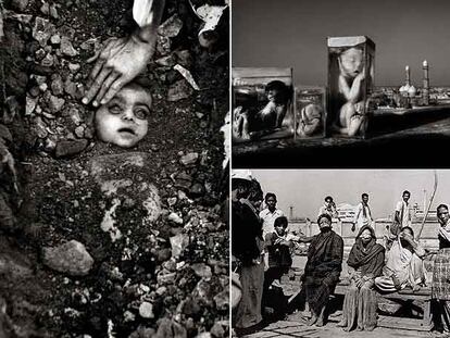 A la izquierda, una de las imágenes más conocidas del fotógrafo indio Raghu Rai, de un niño muerto en Bhopal en 1984. Arriba a la derecha, niños muertos y con deformaciones metidos en frascos de formol, con la ciudad al fondo. Abajo, un grupo de hombres y mujeres que resultaron con graves quemaduras en los ojos durante la fuga de gas de la compañía estadounidense Union Caribe.