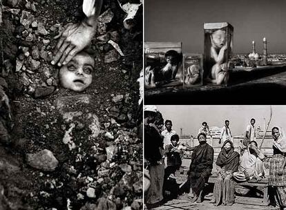 A la izquierda, una de las imágenes más conocidas del fotógrafo indio Raghu Rai, de un niño muerto en Bhopal en 1984. Arriba a la derecha, niños muertos y con deformaciones metidos en frascos de formol, con la ciudad al fondo. Abajo, un grupo de hombres y mujeres que resultaron con graves quemaduras en los ojos durante la fuga de gas de la compañía estadounidense Union Caribe.