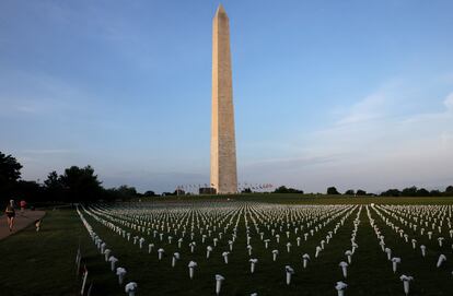 En el National Mall, cerca del monumento de Washington, 45.000 flores simbolizan el número de personas que perdieron la vida a causa de la violencia armada en Estados Unido en 2020.