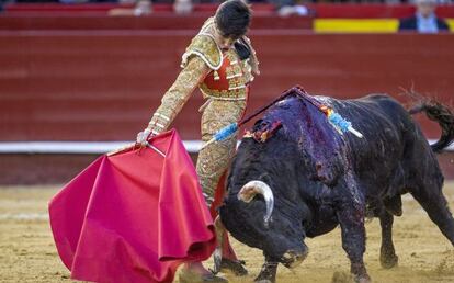 Álvaro Lorenzo, durante la faena al quinto novillo.