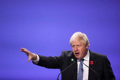 O primeiro-ministro Boris Johnson durante um ato na COP26 de Glasgow.