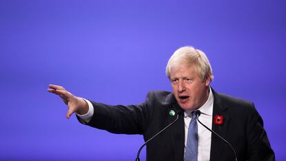 O primeiro-ministro Boris Johnson durante um ato na COP26 de Glasgow.