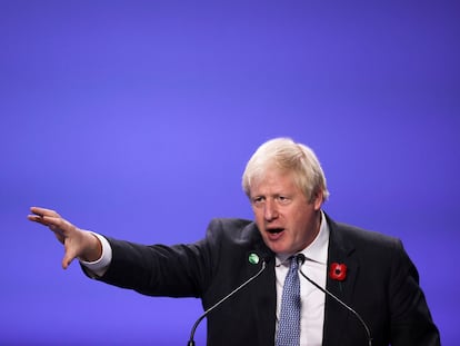 O primeiro-ministro Boris Johnson durante um ato na COP26 de Glasgow.