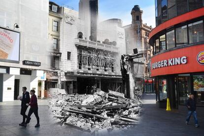 Leicester Square el 3 de mayo de 1941 y en la actualidad.