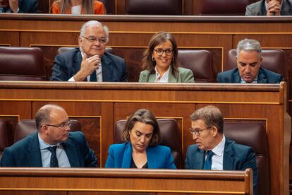 El portavoz del PP en el Congreso, Miguel Tellado; la secretaria general del PP, Cuca Gamarra, y el presidente del PP, Alberto Núñez Feijóo, en el Congreso.