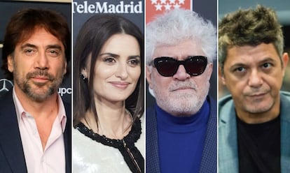 Javier Bardem, Penélope Cruz, Pedro Almodóvar y Alejandro Sanz.