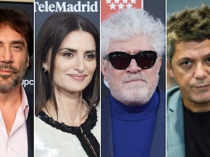 Javier Bardem, Penélope Cruz, Pedro Almodóvar y Alejandro Sanz.