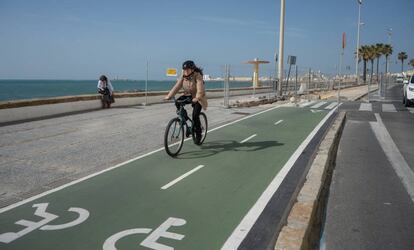 Un tramo de las obras del carril bici en el Paseo Marítimo de Cádiz.