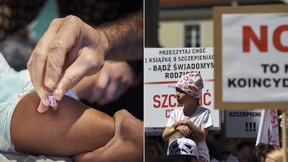 A la izquierda, vacunación en Lyon (Francia). A la derecha, manifestación antivacunas en Varsovia, en 2017.