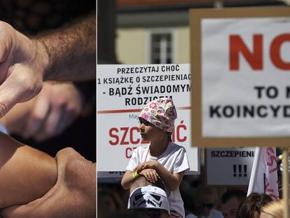 A la izquierda, vacunación en Lyon (Francia). A la derecha, manifestación antivacunas en Varsovia, en 2017.