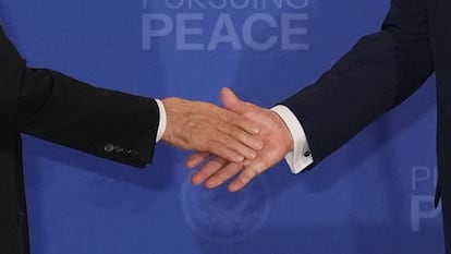 President Donald Trump, right, shakes the hand of Russia's President Vladimir Putin, left, during a joint press conference at Joint Base Elmendorf-Richardson, Alaska, Friday, Aug. 15, 2025. (AP Photo/Jae C. Hong)(AP Photo/Jae C. Hong)