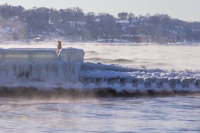 Una persona observa el lago Michigan desde un muelle cubierto de hielo, en St. Joseph (EE UU).