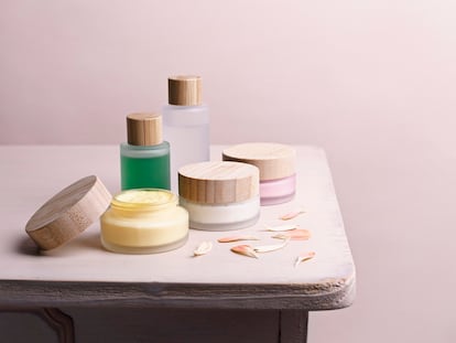 Eco friendly homemade cosmetics on a rustic table. Zero waste packaging.