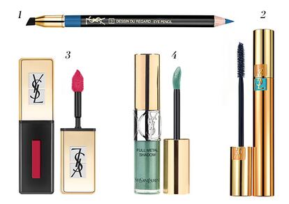 1. Lápiz Dessin du Regard Waterproof N°3 . 2. Volume Effet Faux Cils Waterproof de YSL 3. Vernis a Levres Pop Water N206 Pink. 4. Full Metal Shadow N10 YSL Beauté