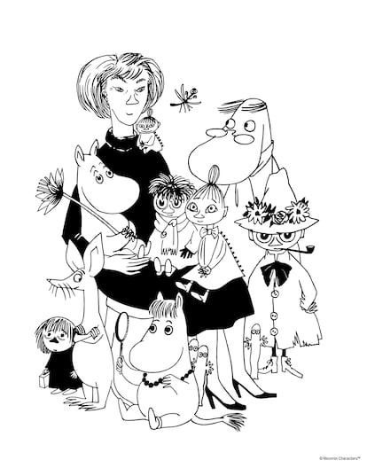Sketch of the artist surrounded by her most famous characters.