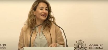 La ministra de Transportes, Raquel Sánchez, esta mañana durante la presentación del DORA.