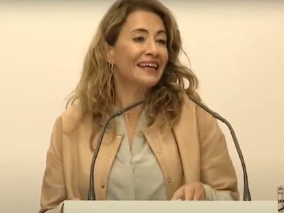 La ministra de Transportes, Raquel Sánchez, esta mañana durante la presentación del DORA.