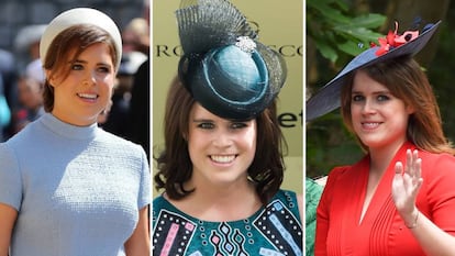 Eugenia de York con distintos tocados en mayo de 2018 (en la boda de Enrique y Meghan Markle), junio de 2015 (en Ascot) y en junio de 2012 (también en Ascot).