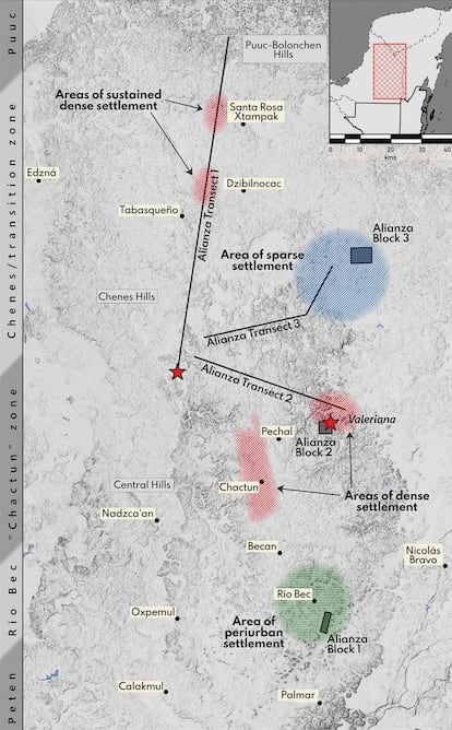 Locations and settlement densities in the 'Alianza' study area, in Campeche.