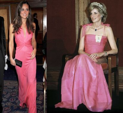 El mismo color de vestido para dos ocasiones bien distintas: la duquesa de Cambridge lo llevó a un combate de boxeo benéfico y Diana a una recepción en Australia.